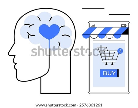A human head with a heart-shaped brain, next to a smartphone displaying a shopping cart and a buy button. Ideal for online shopping, consumer psychology, e-commerce, digital marketing, and user