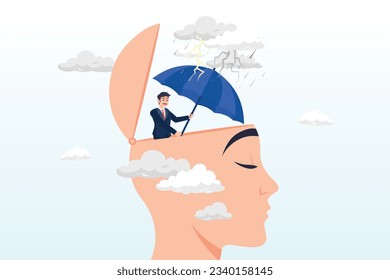 Human head with his self using umbrella to protect from heavy raining storm depression, mental health protection, depression or anxiety control or cure, help, support mental illness suffering (Vector)