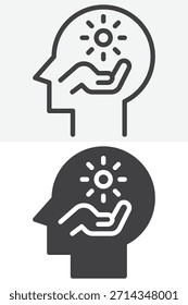 Cabeza humana que sostiene el conjunto de iconos de estilo diferente del sol. Línea, contorno y signo de Vector sólido, símbolo. Icono de Vector de trazo editable para el icono de atención plena.