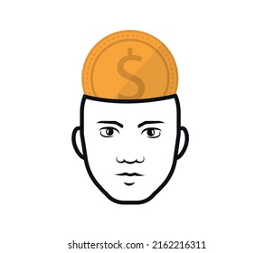 Human head and icon dollar. Thoughts about work, on white background. Money sign for mobile concept and web design. Vector graphics.
