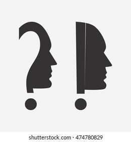 Human head icon with an exclamation and question mark. Vector illustration.