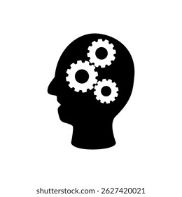 human head icon with gear wheel, flat style pictogram icon for ui or ux mobile app, vector illustration logo symbol design, isolated on white