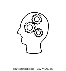 human head icon with gear wheel, flat style pictogram icon for ui or ux mobile app, vector illustration logo symbol design, isolated on white