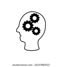 human head icon with gear wheel, flat style pictogram icon for ui or ux mobile app, vector illustration logo symbol design, isolated on white