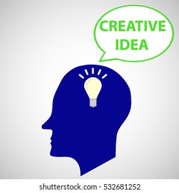 Human head, human head icon, lamp, creative mind, idea, thought, thinking, logo creative mind. Flat design, vector.