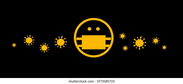 Human head icon in mask with viruses flying in the air, cartoon vector illustration, banner for medical and pharmacy infographic. Observance of the mask regime poster