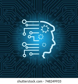 Human Head Icon Over Blue Circuit Motherboard Background Vector Illustration