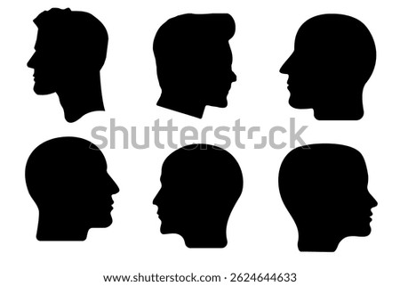Human head icon set. Black shadow, silhouette of a person's face, black vector of person.