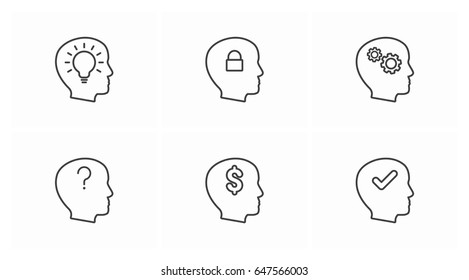 Human Head Icon Set With Check Mark Sign, Dollar Symbol, Question Mark Sign, Gear Icon, Padlock Icon, Light Bulb Symbols. Mind Design Brain Symbol. People Think Silhouette Illustration. Man Idea