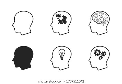 conjunto de iconos de cabeza humana. proceso mental, pensamiento creativo, inteligencia, lluvia de ideas, trabajo mental y símbolo de soluciones empresariales. símbolos de diseño web y elementos infográficos