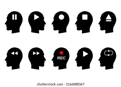 Icono de cabeza humana con una variedad de símbolos. Reproducir, pausar, grabar, detener, rebobinar, expulsar. Ilustración vectorial plana
