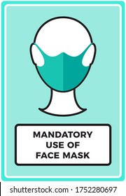 Human head icon wearing protective face mask and text Mandatory use of Face Mask. Protection against Coronavirus, COVID-19 virus. Flat vector illustration
