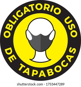 Human head icon wearing protective face mask. Portuguese language text: Mandatory use of Face Mask. Vector illustration