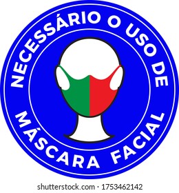 Menschliches Kopfsymbol mit Schutzmaske mit portugiesischer Flagge. Portugiesischer Sprachtext: Obligatorische Verwendung von Gesichtsmaske. Vektorgrafik
