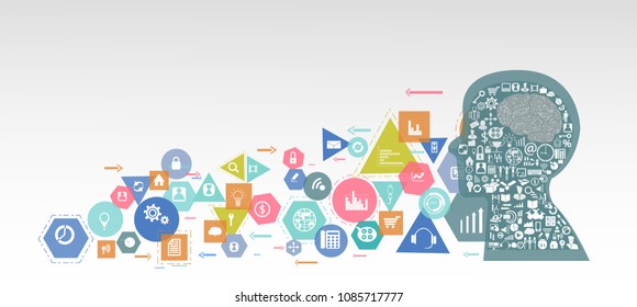 Human Head  with  icon,Brain -   Geometry, Colorful, icon - modern Idea and Concept Vector illustration Business.

