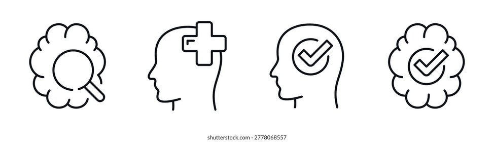 Human head icons indicating mental health check on plain background. Editable stroke