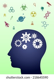 Human head and icons of science