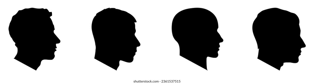 Human head icons set. Profile silhouettes of male heads. Black sign of human head. Vector illustration