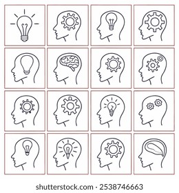 Human head icons set with thinking symbols. Collection of head profile with brain sign, symbol of intelligence and reason, innovative ideas and emotions. People think. Isolated. Vector illustration