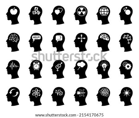 Human head icons set with thinking symbols. Collection of head profile with brain sign, symbol of intelligence and reason, emotions and innovative ideas. People think. Isolated. Vector illustration