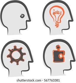 Human head, idea bulb, puzzle, gear, grey, orange