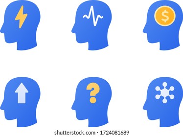 Human head idea concept. Vector flat illustration icon set. Silhouette of head with medicine, brainstorm, business, question mark sign collection isolated on white. Design element for banner, logo.