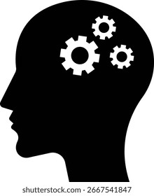 Icono del engranaje de la idea de la cabeza humana, colección del símbolo de la creatividad y de la innovación con, bulbo, sólido negro del relámpago y Ilustración vectorial del estilo del contorno para el negocio y la educación