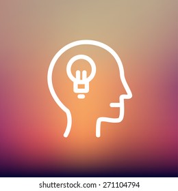 Human head with idea icon thin line for web and mobile, modern minimalistic flat design. Vector white icon on gradient mesh background.