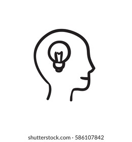 Human head with idea vector sketch icon isolated on background. Hand drawn Human head with idea icon. Human head with idea sketch icon for infographic, website or app.