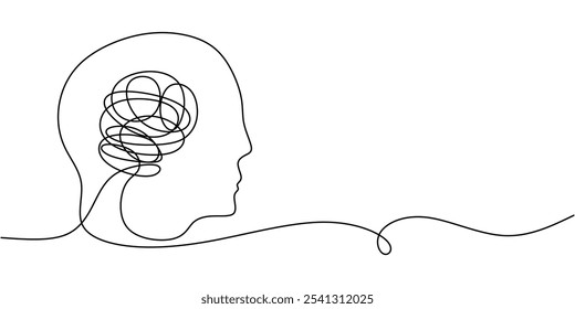 Cabeça humana ilustrada com um cérebro complexo em um desenho contínuo de uma linha. Conceito relacionado à psicologia. Design de vetor desenhado à mão minimalista.