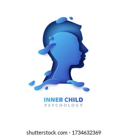 Human head with inner child inside in paper cut style and abstract shapes. Vector illustration. Psychology concept. Blue papercut man silhouette isolated on white background for psychotherapy design.