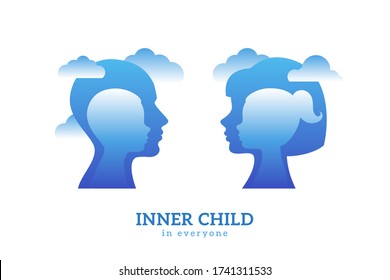 Human head with inner child inside. Vector illustration. Psychology logo concept. Blue man and woman silhouettes isolated on white background for psychotherapy design.