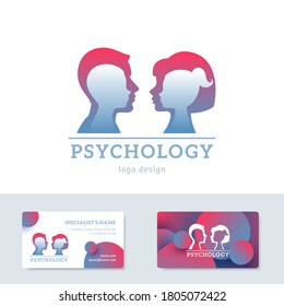 Human head with inner child inside. Vector illustration. Psychology logo concept. Man and woman silhouettes for psychotherapy design. Business cards template with place for text