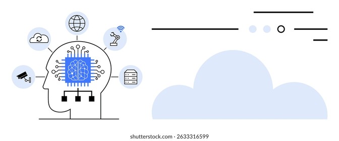 Human head with integrated circuits connected to symbols thumbs up globe, robotic arm, and cloud. Ideal for AI, machine learning, cloud storage, technology, innovation, data networks, automation