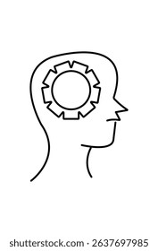 Human head with internal gear: thinking, intelligence, memory. Icon symbolizing mind, brain, thought processes, cognition