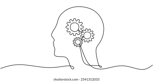 Human head with internal gears illustrated in a continuous one line drawing. Concept of psychology. Minimalist hand-drawn design.
