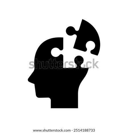 Human head with jigsaw puzzle piece icon isolated on white background.