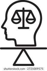 Cabeza humana con icono de escala de justicia que representa el pensamiento ético, la toma de decisiones, la ley, la equidad y el juicio equilibrado.