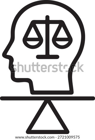 Human head with justice scale icon representing ethical thinking, decision making, law, fairness, and balanced judgment.