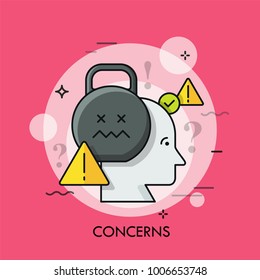 Human head, kettlebell and warning signs. Concept of concern, anxiety, worry, trouble, disturbance, unrest, psychological problem. Colorful vector illustration in thin line style for banner, website.