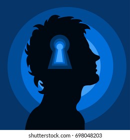 Human head with keyhole. Open mind. Psychology, thinking, intelligence, mindfulness concept illustration vector.
