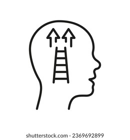 Human Head with Ladder Linear Pictogram. Mental Growth Line Icon. Intellectual Process Development Symbol Concept. Psychology Therapy Outline Sign. Editable Stroke. Isolated Vector Illustration.