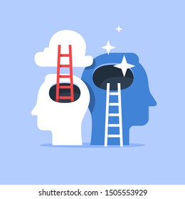 Human head and ladder, next level improvement, training and mentoring, pursuit of happiness, self esteem and confidence, vector flat illustration