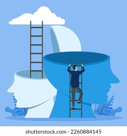 Human head and ladder, next level upgrade, training and mentoring, pursuit of happiness, self esteem and self confidence, man climbing ladder to big head, vector flat illustration