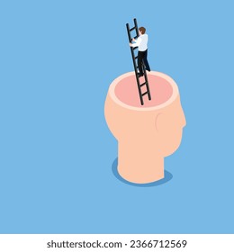 Human head and ladder, next level upgrade, training and mentoring 3d vector illustration concept for banner, website, illustration, landing page, flyer, etc
