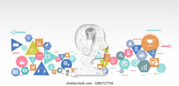 Human Head  with lamp,cog -   Geometry, Colorful, icon - modern Idea and Concept Vector illustration Business.
