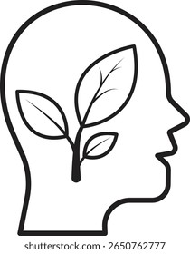 Human head with leaf icon representing eco-thinking, sustainable mindset and green innovation with transparent background