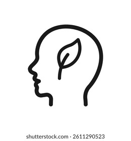 Human head with leaf icon. symbolizing mindfulness, eco-consciousness, mental health, and connection with nature. Perfect for health, wellness, and environmental awareness projects