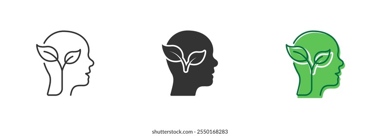 Human Head with Leaf Line and Silhouette Icon Set. Leaf and Person Brain Ecology Environment Concept Icon. Editable Stroke. Isolated Vector Illustration.