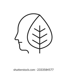 Human head with leaf. Nature life, think green icon line style isolated on white background. Vector illustration